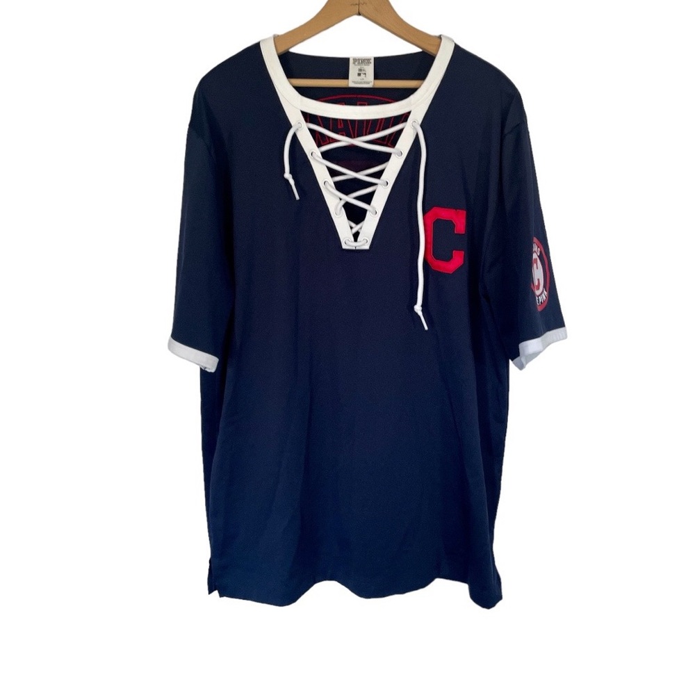 VS PINK Navy Blue Lace Up Jersey Tee Cleveland Indians Baseball MLB Guardians